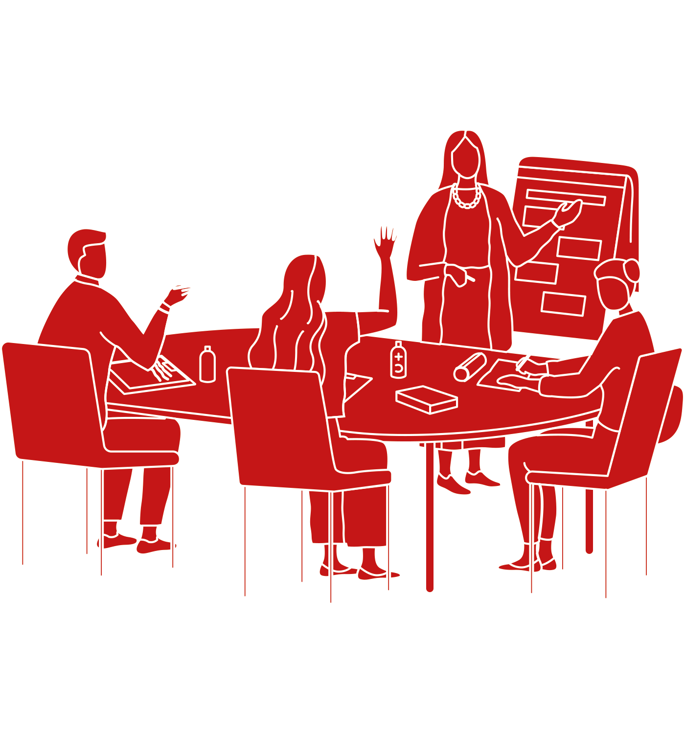 Animation Besprechung mit vier Personen an einem Konferenztisch